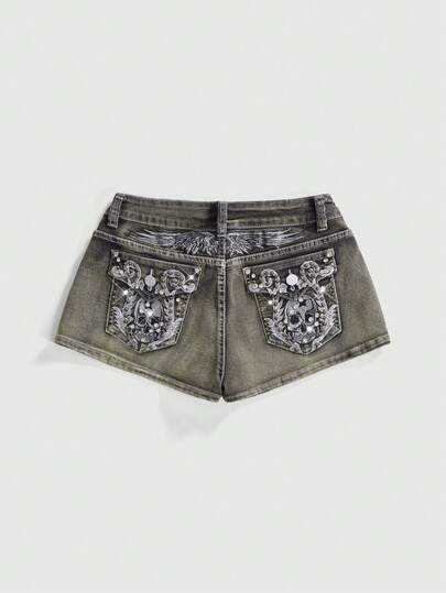 ROMWE Avant Women's Y2K Vintage Wing Skull Embroidered Super Short Denim Shorts