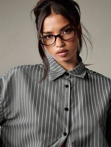 MISSGUIDED Áo sơ mi tay phồng kẻ sọc cài nút hở lưng có chi tiết buộc dây áo cánh tay dài quá khổ có cổ phong cách công sở thường ngày thời trang thu đông - màu đen - Xem 3