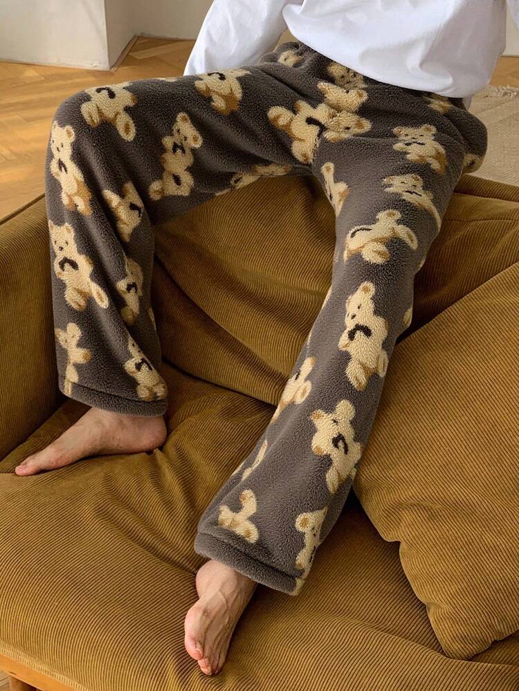 Men's Brown Bear Pattern Thermal Lined Lounge Pants, Autumn/Winter, Fluffy Cozy