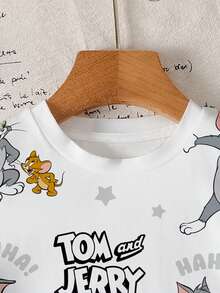 TOM & JERRY X SHEIN Young Boy Casual Letter & Cartoon Graphic Round Neck Short Sleeve T-Shirt, Summer