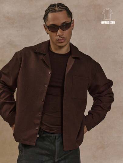 Musero Oversized Boxy Long Sleeve Revere Collar Button Through Shirt Front Pocket Detail Top Autumn Winter Essentials