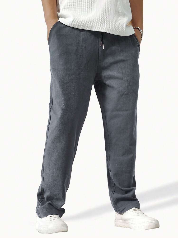 Manfinity Homme Herren Lose einfarbige Hose mit Kordelzug in der Taille und geradem Bein, Herren Leinen Hose, Herren Gerade Bein Jogginghose, Herren Hose mit Kordelzug, Herren Hose, Herren Gerade Lose Graue Hose - Dunkelgrau - Übersicht 3