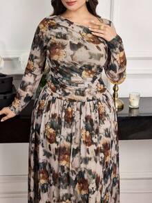 Modelyn Plus Size Women's Oblique Collar Long Sleeve Ruffle Bowknot A-Line Waist Tie Belted Slim Fit Casual Elegant Maxi Dress, Suitable For Office, Airport, Commute, Family Gathering, Party, Business Attire - Multicolor - View 6