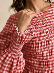 Poéselle 女士时尚优雅格子印花长袖衬衫 红色格子上衣 红色方格纹上衣 褶皱上衣 春季女士泡泡袖上衣 褶皱女装 - 紅白色 - 查看 6