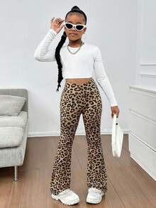 SHEIN Tween Girls' Casual Elegant Knit Leopard Print Criss-Cross Waist Skinny Flare Pants, Back To School, Stylish, Street-Chic, Bell Bottom Pants, Flared Leggings, Leopard Pants Cheetah Print Pants,Kids Clothes Girls,Tween Girl Clothes, Flare Pants Girls, Cheetah Pants - Brown - View 3