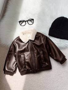 SHEIN 男婴休闲可爱街头风黑色PU皮革保暖长袖拉链外套，婴儿冬季服装 - 棕色 - 查看 6
