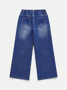 SHEIN 少女基础款灰色牛仔保暖内衬宽松牛仔裤，秋冬季保暖休闲高腰阔腿牛仔裤，百搭Y2K风格，适合教师、返校、教堂穿着、商务休闲女孩、工装牛仔裤连衣裙、秋冬季宽松裤、高腰长款阔腿牛仔裤、街头风、冬季裤装、羊羔绒牛仔裤、保暖牛仔裤 - 深色水洗藍 - 查看 2