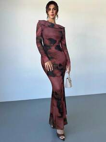 Firerie Women's Burgundy Coffee Color Wavy Print Long Sleeve Backless Dress,Seductive Autumn Mesh Lining Fishtail Hem Elegant Night Out Party Wedding Dress - Brown - View 7