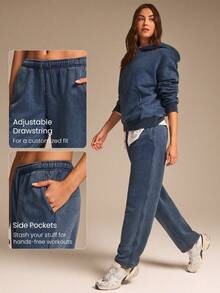 GLOWMODE 日常穿着舒适柔软轻盈保暖抓绒运动裤，阔腿设计，侧边口袋，可调节抽绳腰带，适合秋冬季户外日常休闲穿着 - 深色水洗藍 - 查看 3