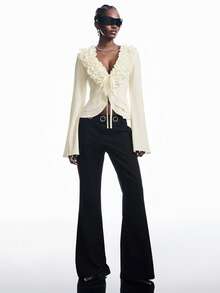 LYSMO 2025 Autumn New Simple Women's Cream Yellow Multi-Layer Ruffle Front Tie Long Sleeve Fashion Shirt Long Sleeve Ruffle Top Cream Blouse Ruffle Blouse - Beige - View 7