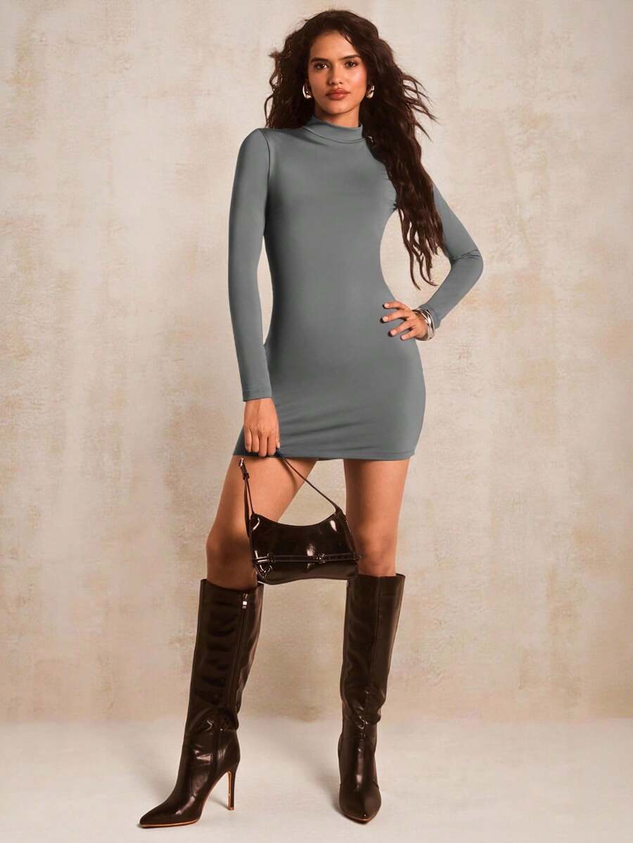 Glamine 深灰色高领长袖毛绒连衣裙、女士生日连衣裙、基本款连衣裙、外出连衣裙、街头服饰、秋冬连衣裙、万圣节连衣裙、派对必备、圣诞连衣裙、闪亮连衣裙、高级 Eance 连衣裙、狂欢节服装、婚礼宾客连衣裙 - 深灰色 - 查看 1