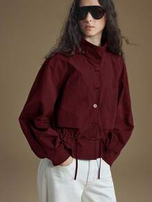 Ontre Women's Drawstring Hem Loose Casual Coat, Versatile For Urban Commute, Business Casual, Elegant, Office Wear, Thanksgiving, Christmas, New Year, Wedding Guest Spring Coats - Burgundy - View 6