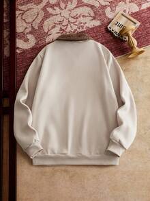 HIMLAND 男士休闲日常通勤百搭撞色抓绒 Polo 领套头衫卫衣搭配抽绳腰带抓绒运动裤套装，秋冬款 - 杏色 - 查看 4