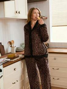 Doze Lane Women's Autumn/Winter Cozy Leopard Print Contrast Color Top & Pants Fluffy Pajama Set, Plus Size Leopard Print Pajama Set Brown Pj Set - Multicolor - View 5
