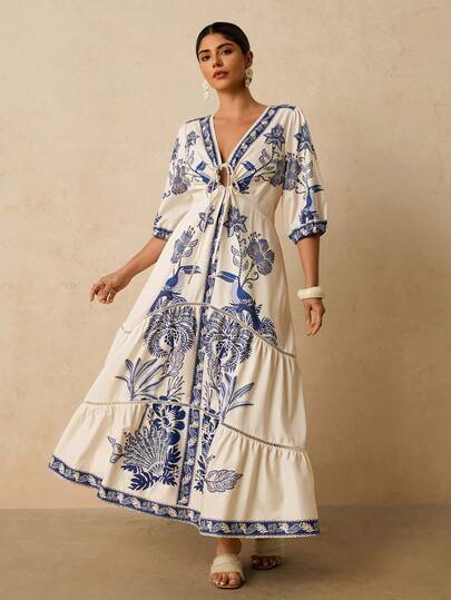 Travachic 大码女式蓝白碎花印花长款连衣裙，V领中袖浪漫度假连衣裙，蕾丝边饰长款连衣裙