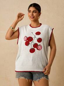 SHEIN VCAY Plus Size Tomato Print Contrast Trim Knit Vest - White - View 6