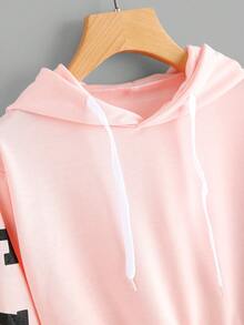 SHEIN EZwear 女士粉色东海岸图案短款抽绳连帽衫