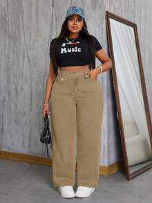 SHEIN SXY Quần jean thời trang thường ngày không co giãn phong cách cao bồi cỡ lớn cá tính, Thánh Patrick - Màu Khaki - Xem 5