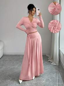 Elenzga Damska elegancka moda, dojazdy do pracy, swobodna, wygodna, urocza, retro, minimalistyczna, ekskluzywna, romantyczna, świąteczna, delikatna, damska, długi rękaw, dekolt w serek, marszczona z przodu, węzeł skręcany, linia A, plisowana z przodu, kokarda, jednolity kolor, dzianina, brokat, dwuczęściowy zestaw