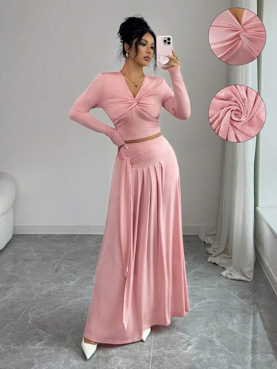 Elenzga Damska elegancka moda, dojazdy do pracy, swobodna, wygodna, urocza, retro, minimalistyczna, ekskluzywna, romantyczna, świąteczna, delikatna, damska, długi rękaw, dekolt w serek, marszczona z przodu, węzeł skręcany, linia A, plisowana z przodu, kokarda, jednolity kolor, dzianina, brokat, dwuczęściowy zestaw