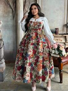 Lyrianda 新款秋冬蝴蝶结优雅度假提花蕾丝边泡泡袖V领长袖连衣裙泡泡裙摆显瘦腰身生日派对公主裙