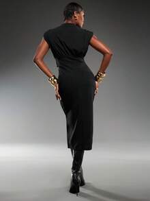 Normani Damen einfarbiges V-Ausschnitt Dolman Ärmel figurbetontes Midi-Kleid, eleganter minimalistischer schwarzer langer Rock mit breiten Schultern und tiefem V-Ausschnitt, sexy elegant, einfach und vielseitig für den Arbeitsweg, schlanke elegante Urlaubsoutfits für Frauen, Sommerkleider für Damen, Abschlussfeierkleider - Schwarz - Übersicht 2