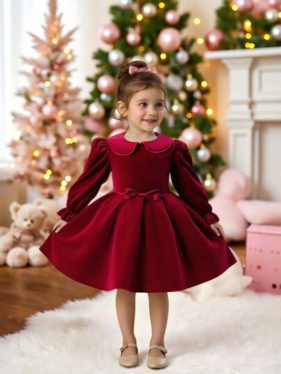 SHEIN Glamorique Kids 女宝宝韩版天鹅绒彼得潘领连衣裙，圣诞节时尚简约红色短款长袖连衣裙