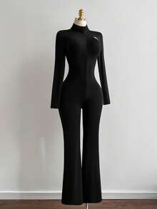 Elamini Women's Black Stand Collar Jumpsuit With Logo, Elastic Fitted Slimming Design, Front Zipper, Elegant & Sexy European Style - Black - View 6