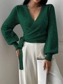 Celisse Floral Wrap-Style Cropped V-Neck Tie-Waist Long Gigot Sleeve Casual Elegant Women Sweater - Dark Green - View 5
