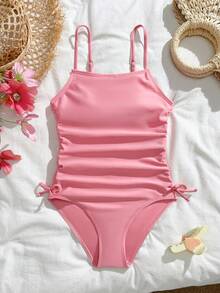 Tween Girls Tankinis, Pink Solid Color With Drawstring And Bow Design, Adjustable Straps, Sweet, Cute And Elegant, Suitable For Vacation, Beach, Pool, Surfing - Pink - View 1