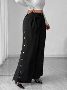 Elenzga Plus Size Women's Fashion Side Slit Metal Button Wide Leg Casual Pants, Suitable For Business And Commuting - Black - View 4