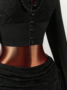 Amplova Vintage Black Autumn Goth 2-Piece Set,Square Collar Lace Semi-Sheer Mushroom Button Long Sleeve Top & Asymmetrical Double Layer Skirt Night Out Club - Black - View 7