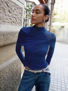 Maija Navy Blue Pleated Mock Neck Sheer Blouse, Modern Urban Casual & Comfortable, Autumn/Winter Dark Blue Top Women Long Sleeve Tops Turtle Neck Top Blue Long Sleeve Top - Navy Blue - View 4