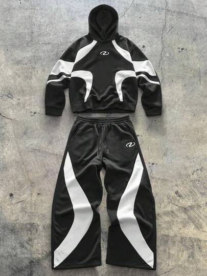 AXEPEAK 男士撞色拼布连帽衫和运动裤套装