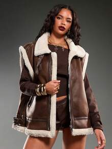 Normani Giacca di moda con inserti in pelliccia sintetica, trapuntata in pile, imbottita, con rivestimento  e fodera in borg - Castano - Visualizzare 1