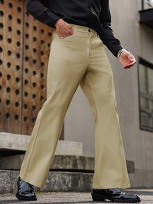 Calvornis Fashionable Casual Pocket Flared Men's Pants Men Flaired Pants Western Pants Men Bell Bottom Pants Khaki Pants Men Flare Pants - Khaki - View 4