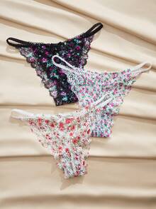 Charlaine 3pcs/Set Women's French Romantic Lace Panties, Italian Ditsy Floral Thong Underwear Lingerie Set Multicolor Lace Thong Pack Floral Panties Panties For Women 3 Piece Set Floral Lingerie - Multicolor - View 5