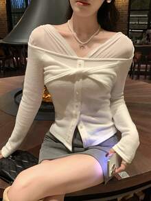 DAZY Women's Lace Patchwork Elegant Long Sleeve T-Shirt - White - View 4