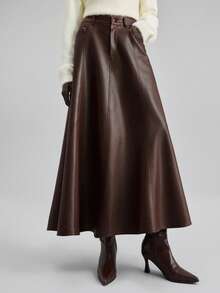 Ontre 2026春夏新款女士宽松A字PU皮裙，都市通勤商务优雅风 - 棕色 - 查看 6