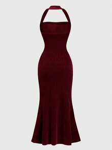 SHEIN Tween Girls Solid Red V-Neck Sleeveless Ruched Waist Velvet Elegant Party Dress Slim Mermaid Halter Neck Dress, For Christmas Party - Burgundy - View 2