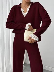 Modelyn 女士毛衣套装，温柔风格，秋冬款 - 酒紅色 - 查看 6