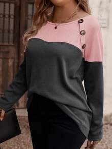 EMERY ROSE Kaos Wanita Ukuran Besar Lengan Panjang Leher Bulat Blok Warna, Motif Kotak-kotak Kecil Warna Pink dan Abu-abu dengan Kancing, Desain Kancing, Kasual Elegan untuk Sehari-hari di Musim Gugur - MultiWarna - View 6