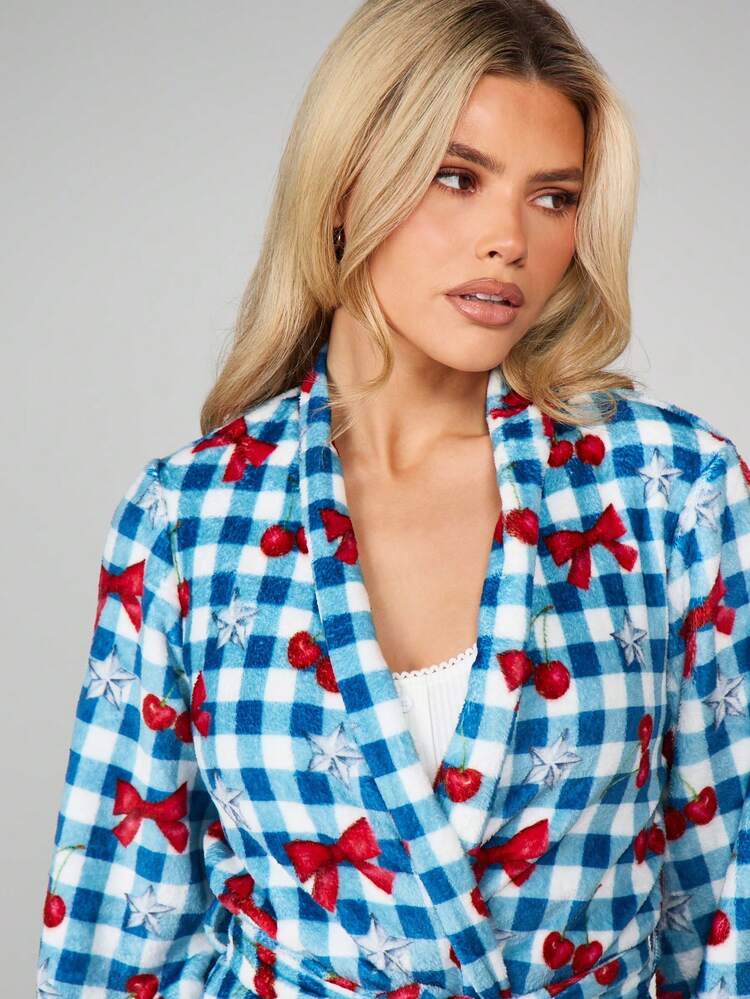 MISSGUIDED Christmas Plaid Flannel Robe With Cherry Print And Bow Details For Holiday Loungewear