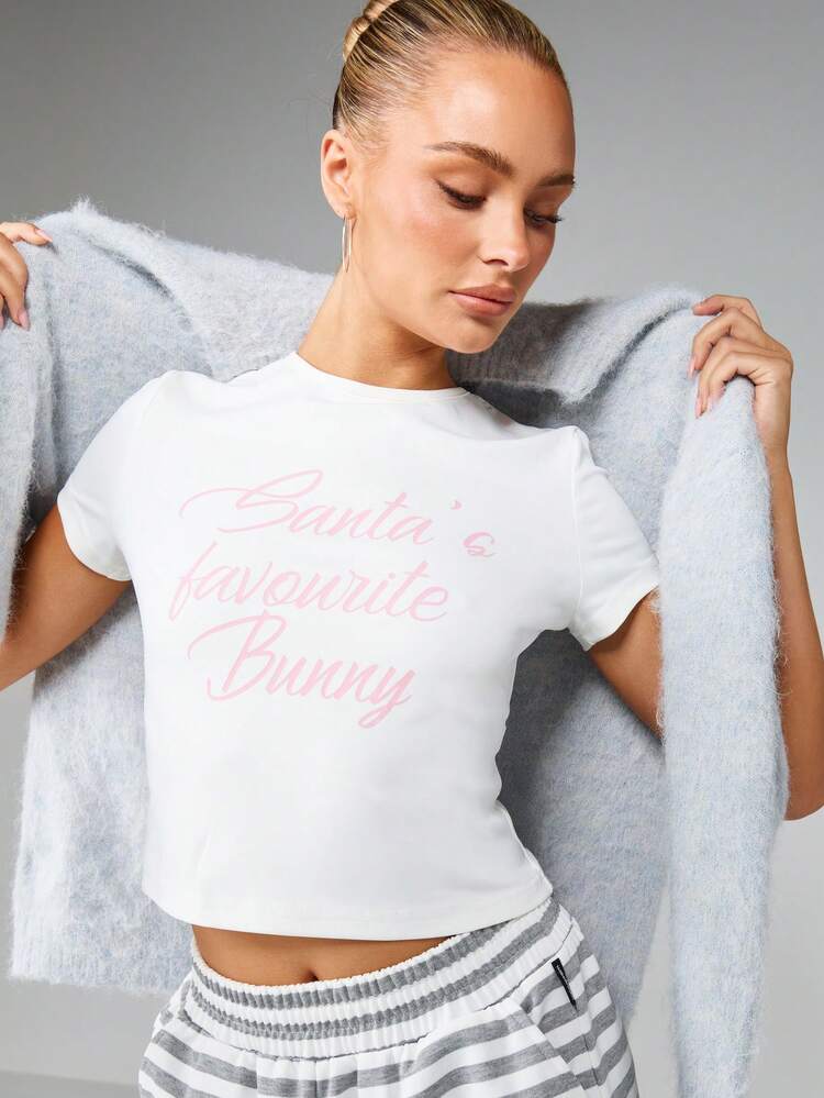Missguided x Playboy Santa's Favourite Bunny Christmas Holiday Graphic Tee Short Sleeve Crew Neck T-Shirt