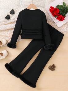 SHEIN Bộ 2 áo thun trơn cổ tròn xếp ly thường ngày và quần ống loe ôm sát cho bé gái - màu đen - Xem 6