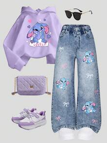 Sparklyn 青少年女孩牛仔裤，休闲可爱兔子印花，宽松阔腿，舒适棉质，适合日常穿着、上学、通勤、四季穿着 - 淺色水洗藍 - 查看 3