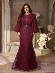 Aureia Plus Size Formal Elegant Evening Burgundy Spring Sequin Embroidered Satin Lantern Sleeve Waist Belt Mermaid Hem Trailing Gown For Party,Prom,Wedding - Burgundy - View 1
