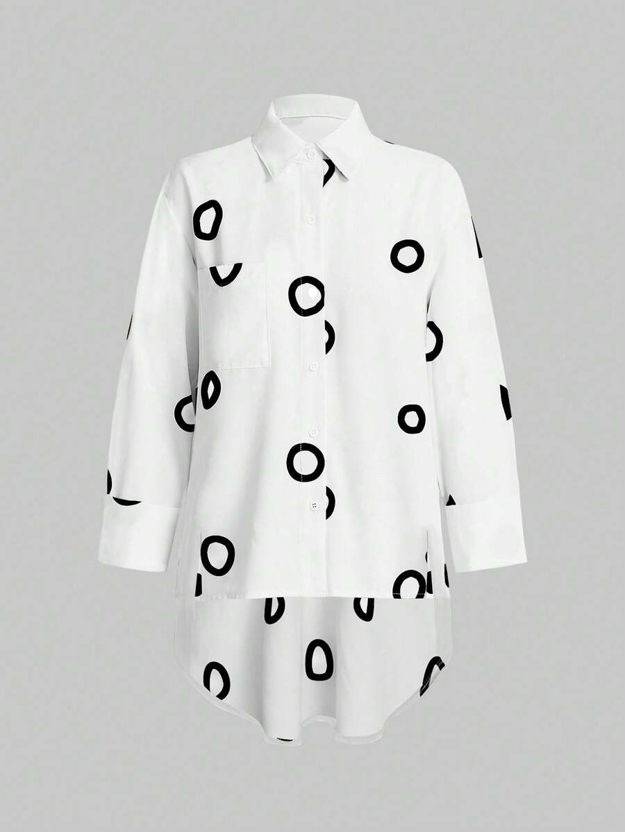 SHEIN Unity Women's Geometric Print Long Sleeve Single-Breasted Pocket Loose Casual Shirt - Black and White - View 1