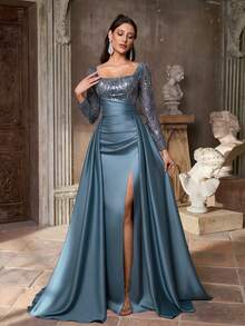 Aureia Elegantes, luxuriöses Meerjungfrauenkleid im Maxilänge mit Blumen, Perlen und Pailletten, durchsichtige lange Ärmel und ausgestellter Saum, geeignet für Hochzeiten, Partys, Urlaub, Galas, formelle Anlässe (starke Verzierung) - blauer See - Übersicht 5