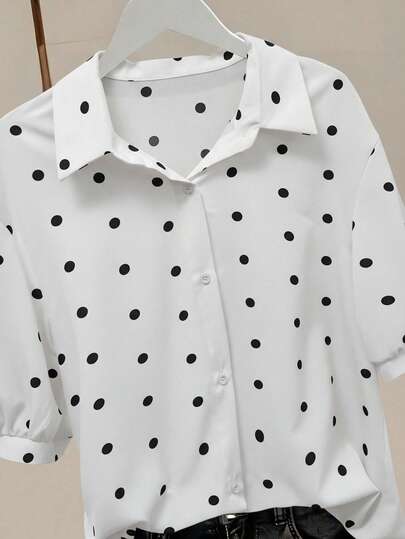 Franclia 休闲通勤波点印花翻领纽扣短袖衬衫